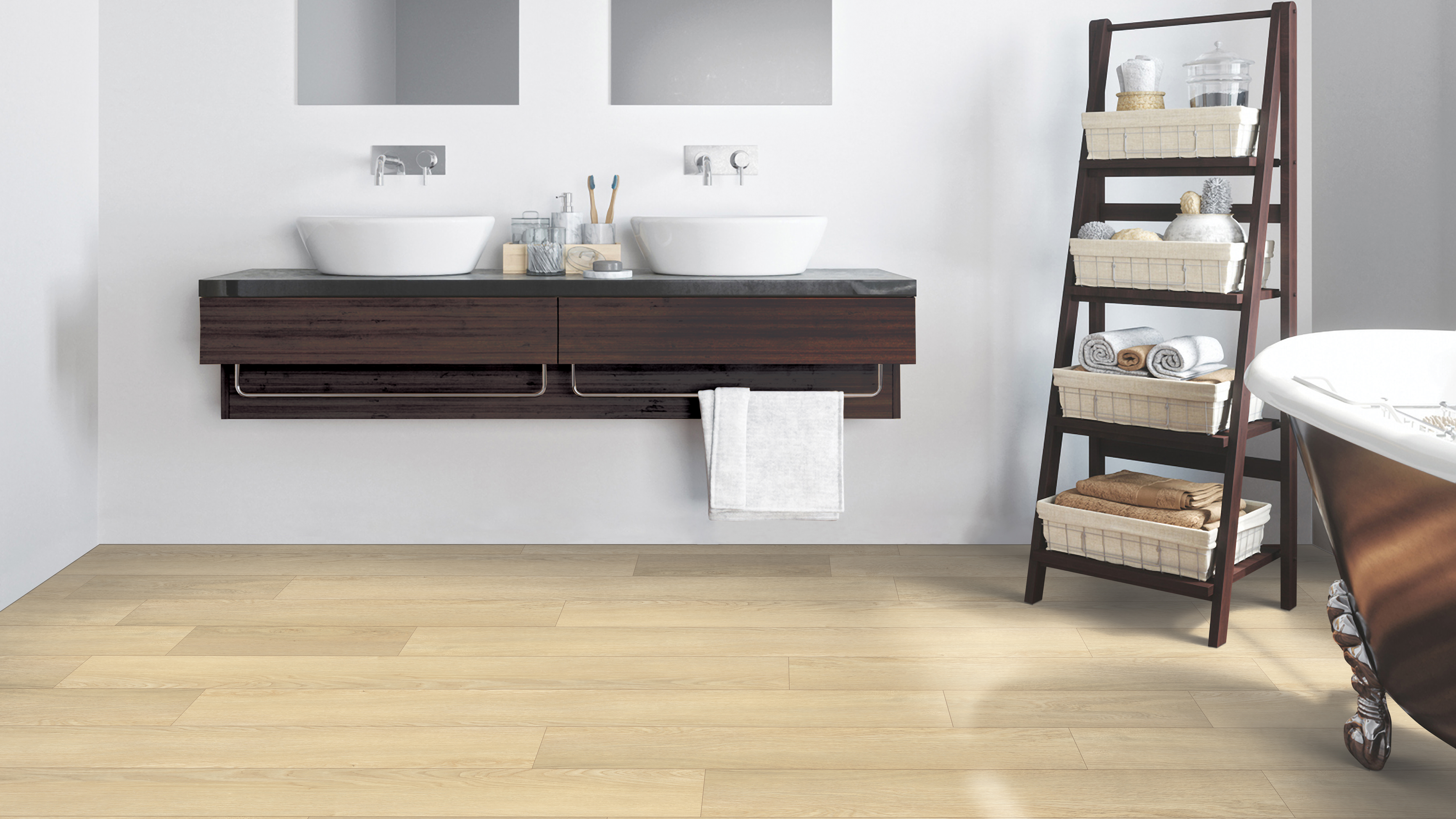 Luxury vinyl flooring in a bathroom, installation services available.