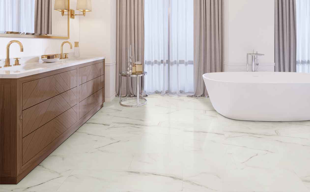 Luxury Vinyl in a bathroom, tile looking, sink, bathtub